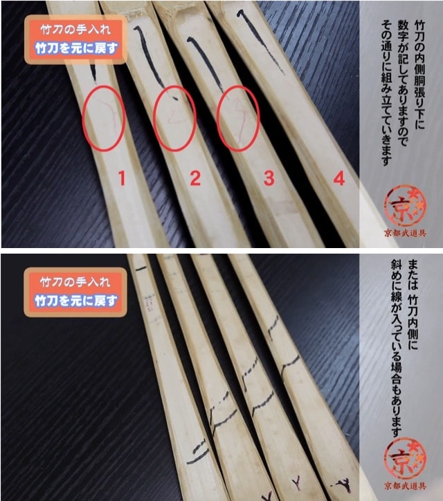 竹刀の裏に書かれている順番を記す番号や印